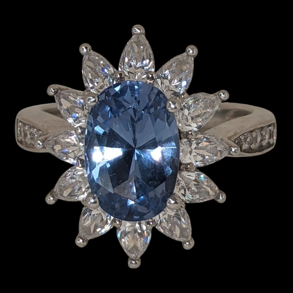 Real Blue Sapphire & CZ Crystal Accent Platinum Over Silver Silver Halo Ring